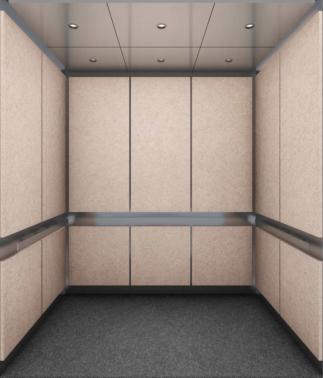 Dynamic design rendering of light textured wall panels, metal-tone trim and handrails above a dark floor