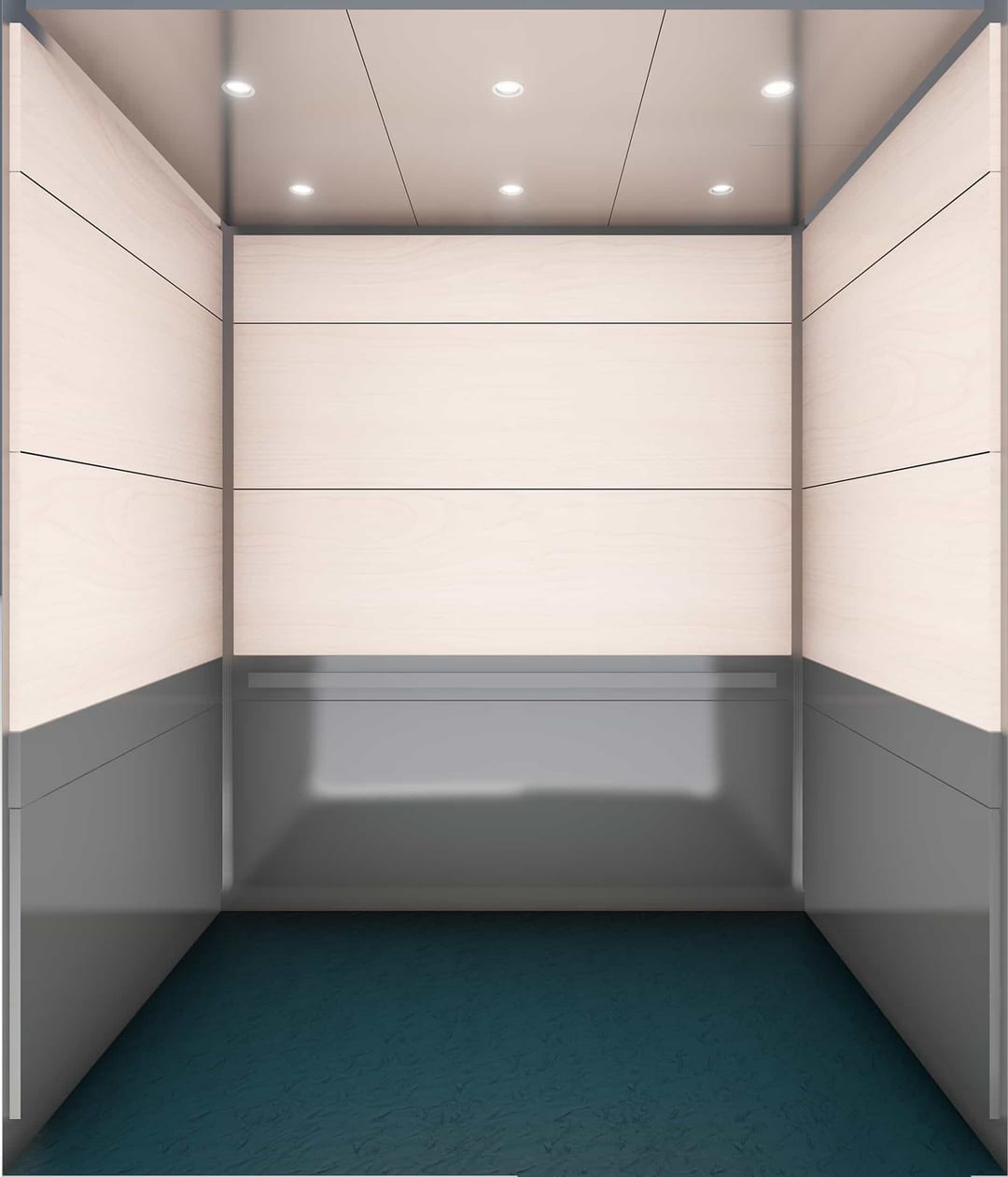 Dynamic design rendering of a recessed-light ceiling, light horizontal wall panels and a contrasting lower band