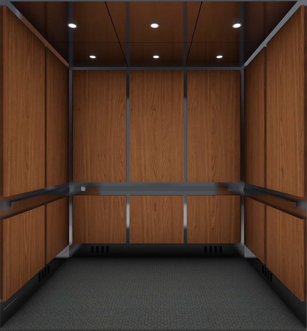 Dynamic design rendering of brown wood-tone panels, dark trim, handrails and recessed ceiling lights